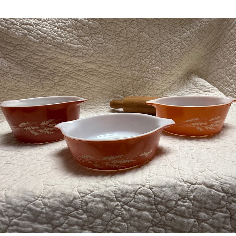 Vintage Pyrex Autumn Harvest Wheat Cinderella Mixing Bowl Set Orange Rust 3pc